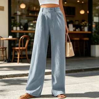 DENTOYOU Women's Wide Leg Pants with Pockets Work Dress Linen Pants Trendy Business Casual Outfits Comfort Fit Slacks Trousers Light Blue S