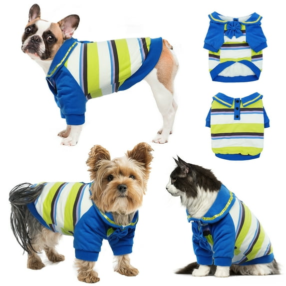 DENTRUN Fleece Dog Winter Coat, Striped Dog Sweatshirt Hoodie, Doggy Cold Weather Pullover Jacket, Thick Warm Pet Clothes for Small Medium Dogs