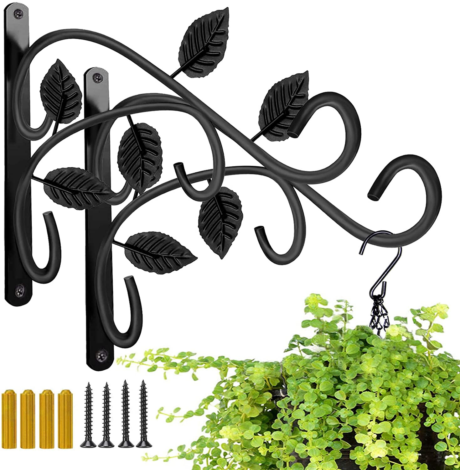 DENVDENCY Hanging Plant Bracket, 12 inches Wall Mount Hanging Metal Plant Hook(Black, Set of 2)
