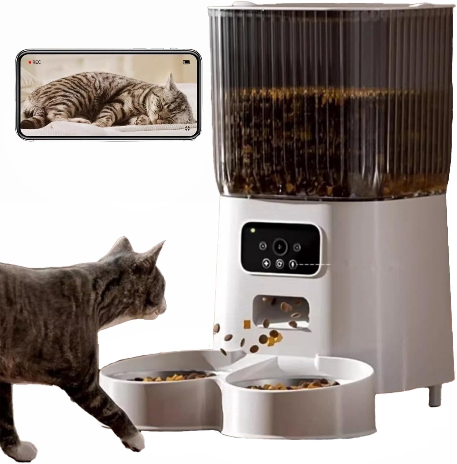 DENZUS Automatic Cat Feeder 2 Cats with Camera, 5L Dual Pet Auto Timed Electric Smart App Food Feeding Dispenser (White, 2 Bowls)