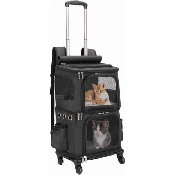 DENZUS Extra Large Double-Compartment Pet Carrier Backpack with Wheels for Small Dogs and Cats, Cat Rolling Carrier for 2 Cats, Perfect for Traveling/Taking a Walk/Trips to the Vet