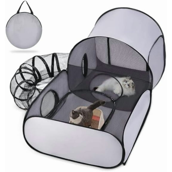 DENZUS Pet Playpen with Surround Tunnel, Outdoor/Indoor Cat Playpen with Breathable Soft Sides，Tailtastic Cat Enclosure Tent, Portable Tent with Carry Bag
