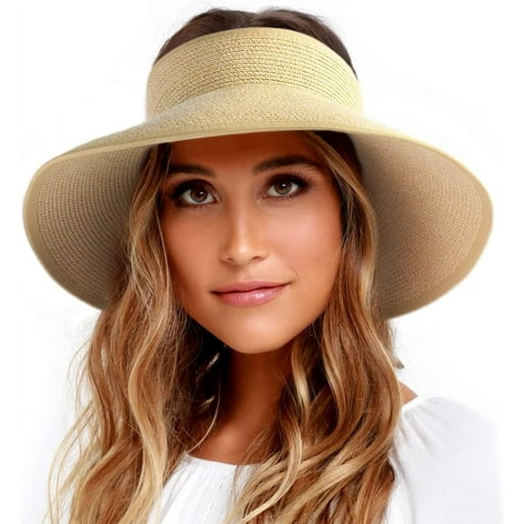 DENZUS Sun Hats for Women Wide Brim Beach Hat Straw Visor Ponytail Summer UV Packable Foldable Beach Vacation Essentials