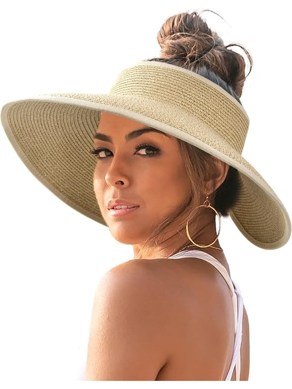 Sun Hats for Women Wide Brim Beach Hat Straw Visor Ponytail Summer UV Packable Foldable Beach Vacation Essentials