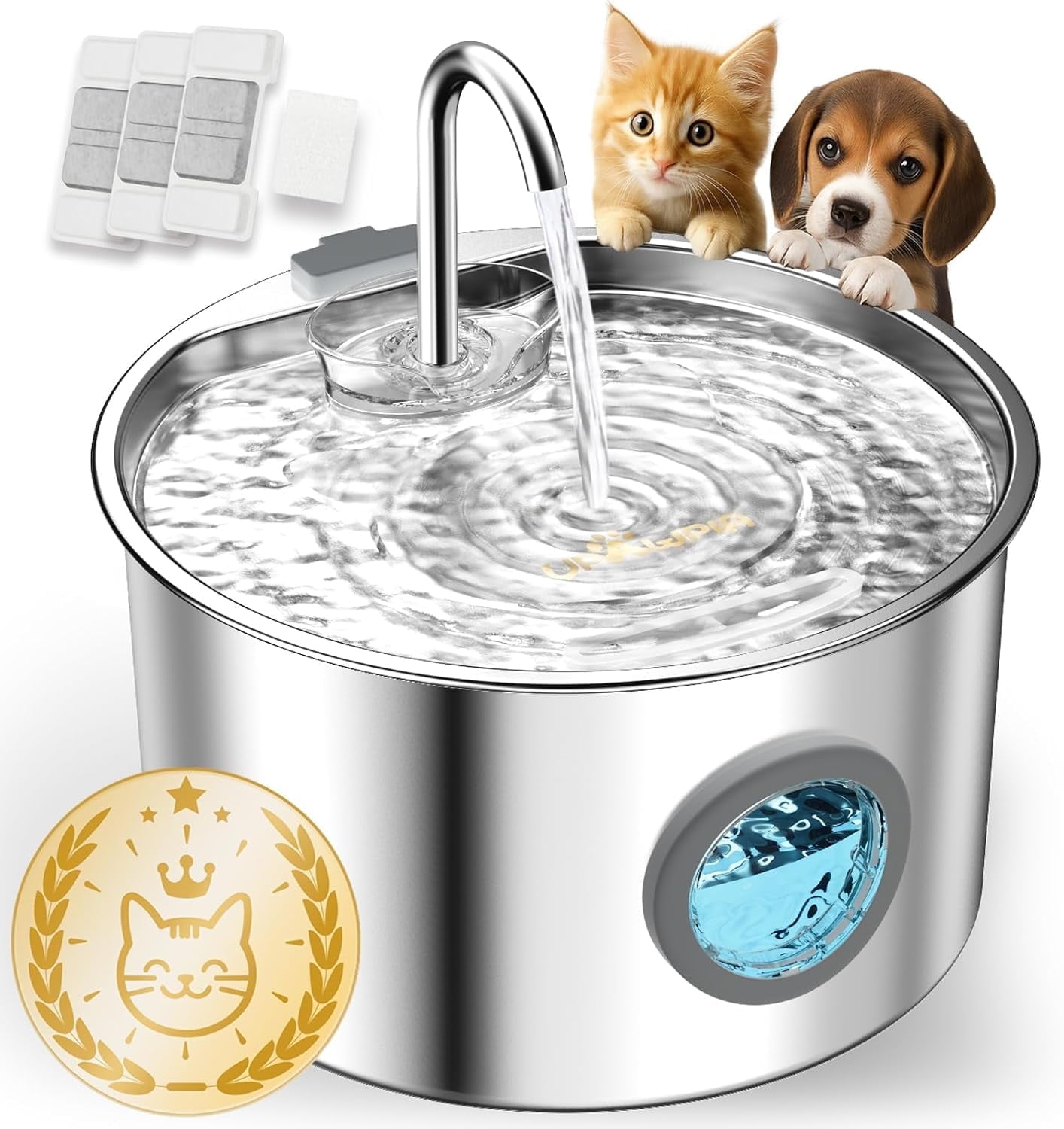 DENZUSCat Water Fountain Stainless Steel 108oz/3.2L with 4 Filters Automatic Pet Water Fountain for Cats/Dogs Indoor Ultra Quiet Metal Cat Fountains for Drinking Kitty Watering Supplies for Animals