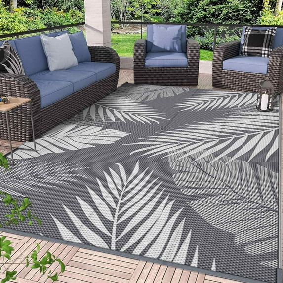 DEORAB 10'x14' Outdoor Rug Patio Lightweight Waterproof Outside Mat Reversible Plastic Camping Carpet,Grey & White