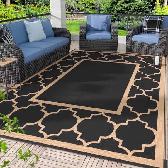 DEORAB 10'x14' Outdoor Rugs Waterproof Reversible Plastic Straw Patio Outside Carpet Camping RV Mat,Black & Brown