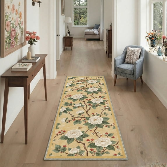 DEORAB 2.5x10 Area Rugs Machine Washable Low Pile Non Slip Runner for Hallway, Laundry Room, Bedroom, Bathroom, White Peony Print Pattern Lightweight Indoor Carpet, Warm Beige