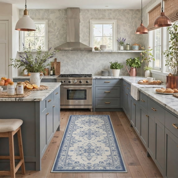 DEORAB 2.5x10 Runner Rugs Floral Medallion Print Pattern Dusty Blue Low Pile Lightweight Machine Washable Non Slip Rug for Hallway, Laundry Room, Bedroom, Bathroom, Entryway