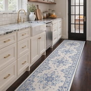 DEORAB 2.5x10 Runner Rugs Floral Medallion Print Pattern Dusty Blue Low Pile Lightweight Machine Washable Non Slip Rug for Hallway, Laundry Room, Bedroom, Bathr