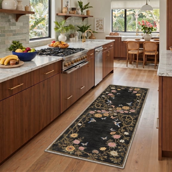 DEORAB 2x7 Runner Rugs Floral Print Low Pile Lightweight Machine Washable Rug Non Slip for Hallway, Laundry Room, Bedroom, Bathroom, Black
