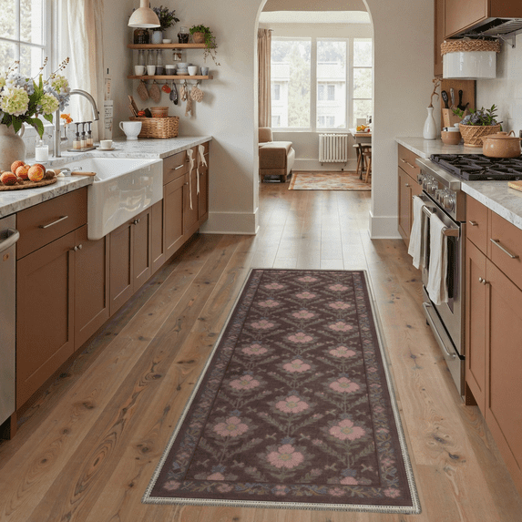 DEORAB 2.5x10 Runner Rugs Vintage Floral Print Dusty Mocha Low Pile Lightweight Indoor Machine Washable Non Slip Rug for Hallway, Laundry Room, Bedroom, Bathroom, Entryway