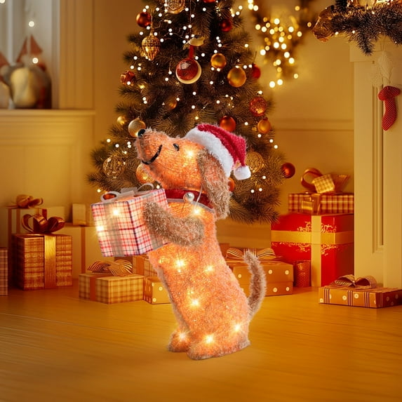 DEORAB 24IN Tall Outdoor Lighted Christmas Hug Gift Box Dog Decorations with 50 Lights Outside Lighted Yard Garden Lawn Patio Porch Indoor Holiday Xmas Decor