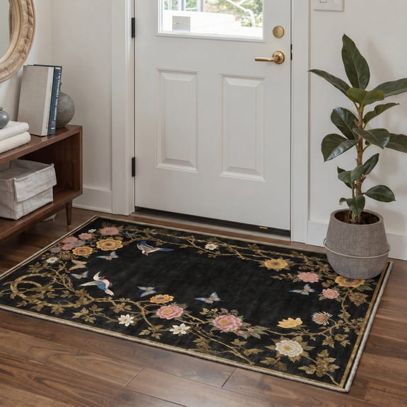 DEORAB 2x3 Area Rugs Floral Low Pile Lightweight Machine Washable Non Slip Doormat for Entryway, Front Door, Bathroom, Kitchen, Black