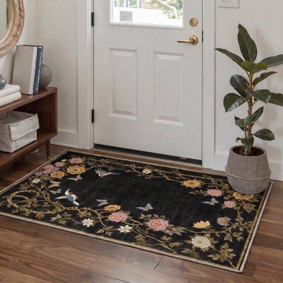 DEORAB 2x3 Area Rugs Floral Low Pile Lightweight Machine Washable Non Slip Doormat for Entryway, Front Door, Bathroom, Kitchen, Black