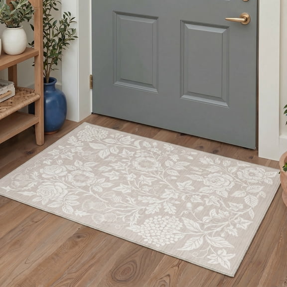 DEORAB 2x3 Area Rugs Floral Low Pile Lightweight Machine Washable Non Slip Doormat for Entryway, Front Door, Bathroom, Kitchen, White