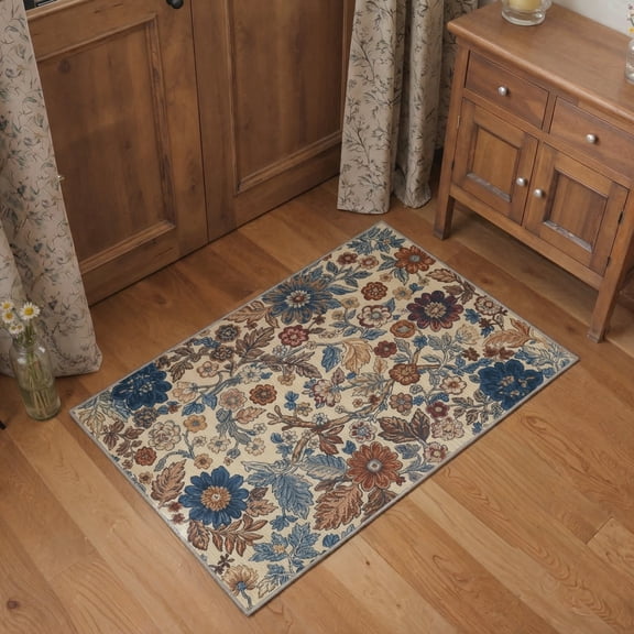 DEORAB 2x3 Area Rugs Floral Navy Beige Low Pile Lightweight Machine Washable Non Slip Door Mat for Kitchen, Front Door, Entryway, Hallway, Bathroom
