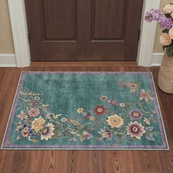 DEORAB 2x3 Area Rugs Vintage Floral Emerald Green Low Pile Lightweight Machine Washable Rug Non Slip Doormat for Entryway, Front Door, Bathroom