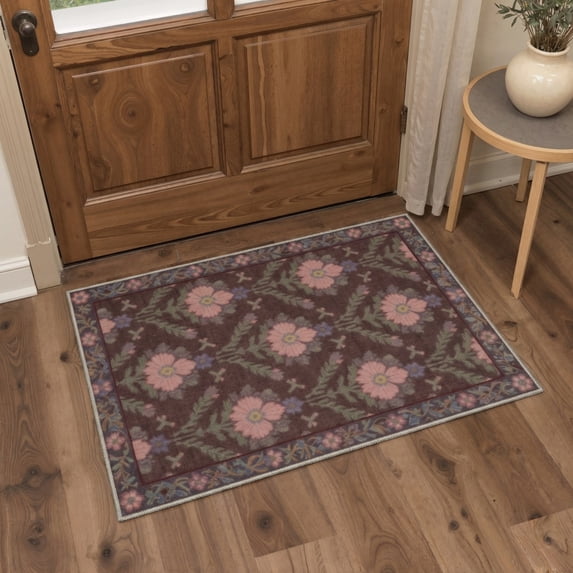 DEORAB 2x7 Runner Rugs Vintage Floral Print Dusty Mocha Low Pile Lightweight Machine Washable Non Slip Rug for Hallway, Laundry Room, Bedroom, Bathroom, Entryway