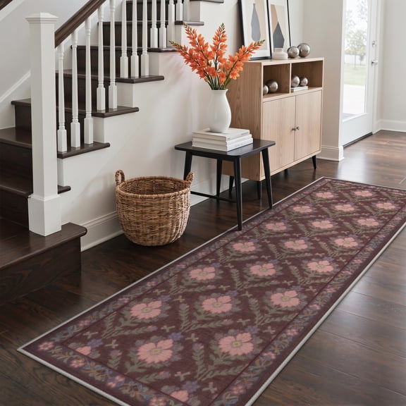 DEORAB 2x7 Runner Rugs Vintage Floral Print Dusty Mocha Low Pile Lightweight Machine Washable Non Slip Rug for Hallway, Laundry Room, Bedroom, Bathroom, Entryway
