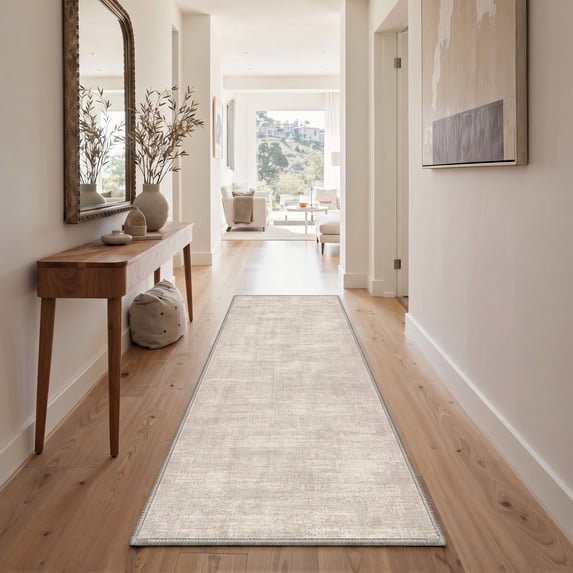 DEORAB 2x8 FT Washable Low Pile Runner Rug, Beige Modern Abstract Carpet with Non-Slip Backing for Hallway Kitchen Entryway, Linen Echo