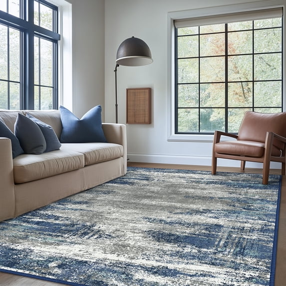 DEORAB 3X5 Area Rugs for Living Room, Large Modern Machine Washable Vintage Rugs Distressed Abstract Print Blue Throw Rug for Bedroom Aesthetic, Non Slip Ultra-thin Carpet with Gripper