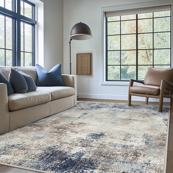 DEORAB 3X5 Area Rugs for Living Room, Large Modern Machine Washable Vintage Rugs Distressed Abstract Print Blue Throw Rug for Bedroom Aesthetic, Non Slip Ultra-thin Carpet with Gripper