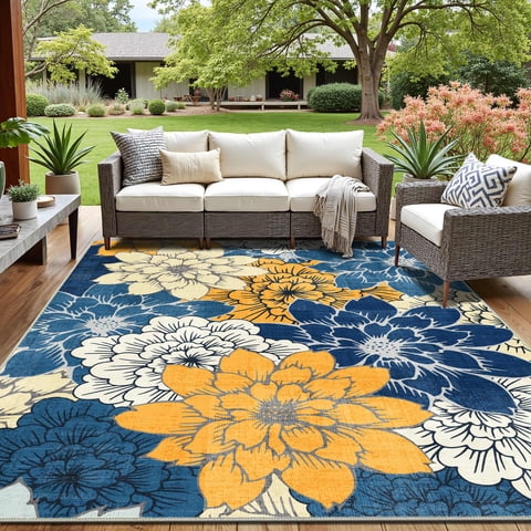 DEORAB 4'x6' Outdoor Rug Chenille Patio Carpet Three-Layer Material Imitation Silicone Spot Molding Camping Outside RV Mat,Blue