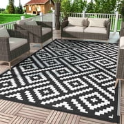 DEORAB Outdoor Rugs Waterproof Plastic Straw Mat 4'x6' Reversible for RV Patio Deck Beach Black & White