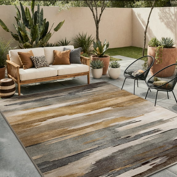 DEORAB 5'X7' Outdoor Rugs Chenille Machine Washable Three-Layer Material Non Slip Imitation Silicone Spot Molding Camping Deck Balcony Porch Carpet, Brown & Beige