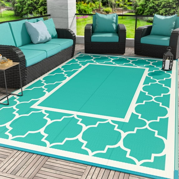 DEORAB Outdoor Rugs Waterproof Plastic Straw Mat 5'x8' Reversible for RV Patio Deck Beach Lake Green & Beige White