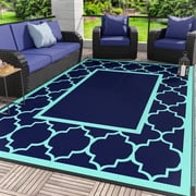 DEORAB Outdoor Rugs Waterproof Plastic Straw Mat 5'x8' Reversible for RV Patio Deck Beach Navy Blue & Jade Green