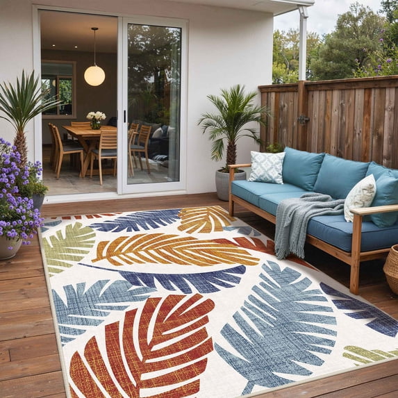 DEORAB 5'x8' Outdoor Rug Chenille Patio Carpet Three-Layer Material Imitation Silicone Spot Molding Camping Outside RV Mat,Colorful