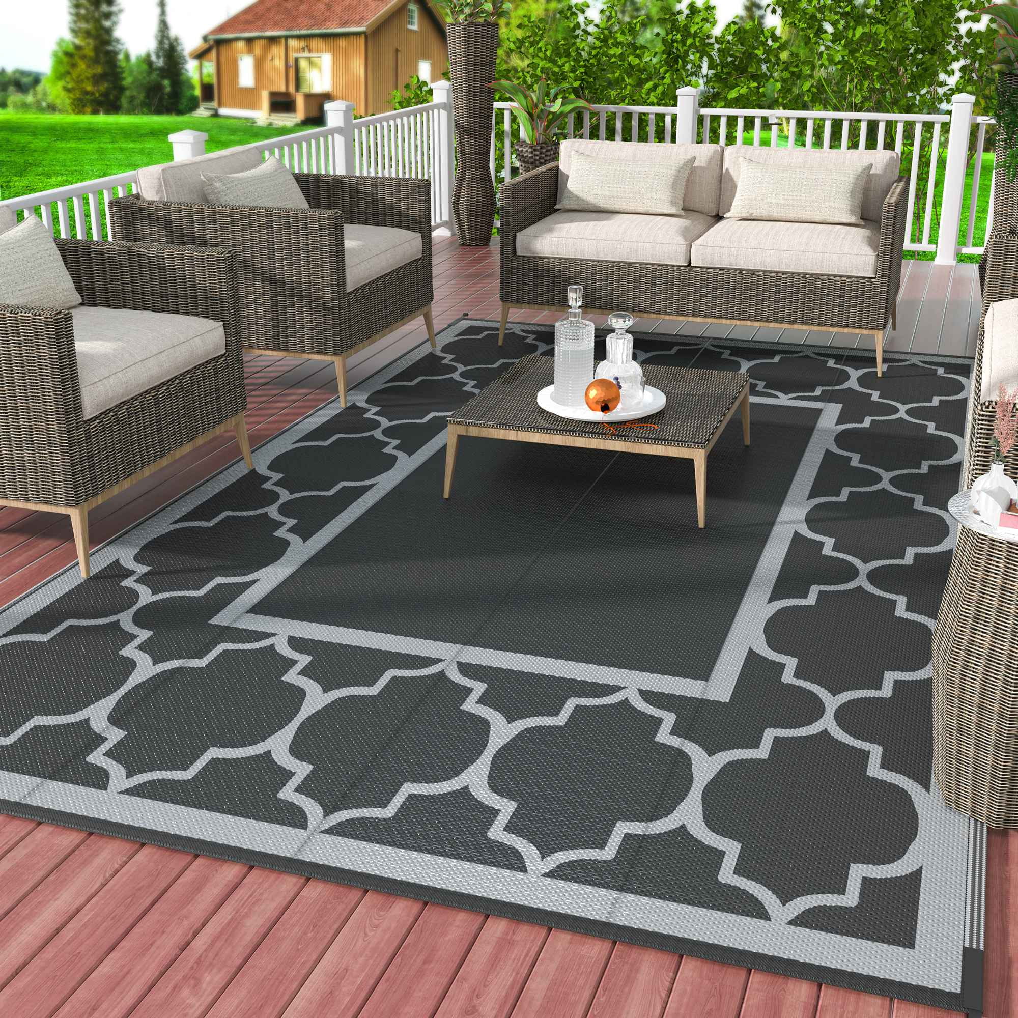 DEORAB 5'x8' Reversible Outdoor Rug for Patio, Waterproof, Black & Gray ...