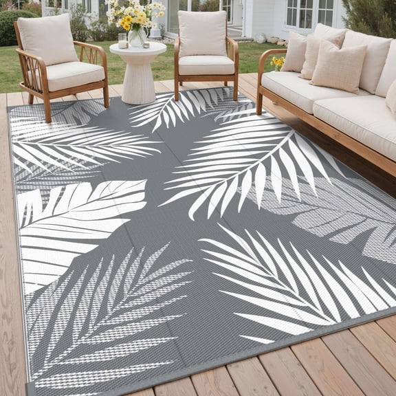 DEORAB 5'x8' Outdoor Rugs Waterproof Patio Lightweight Reversible Plastic Carpet Outside Camping Mat,Gray & White