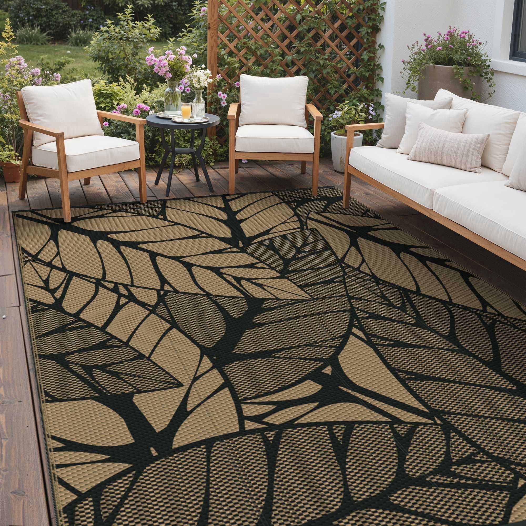 DEORAB 5'x8' Outdoor Rugs Waterproof Patio Reversible Plastic Straw Carpet Camping Outside Mat For Garden Balcony Camping Porch, Black & Brown