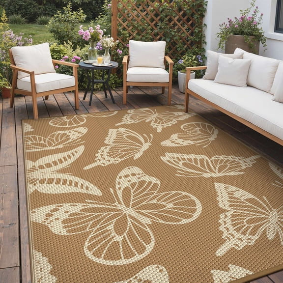 DEORAB 5'x8' Outdoor Rugs Waterproof Patio Reversible Plastic Straw Carpet Camping Outside Mat For Garden Balcony Camping Porch, Brown & Beige