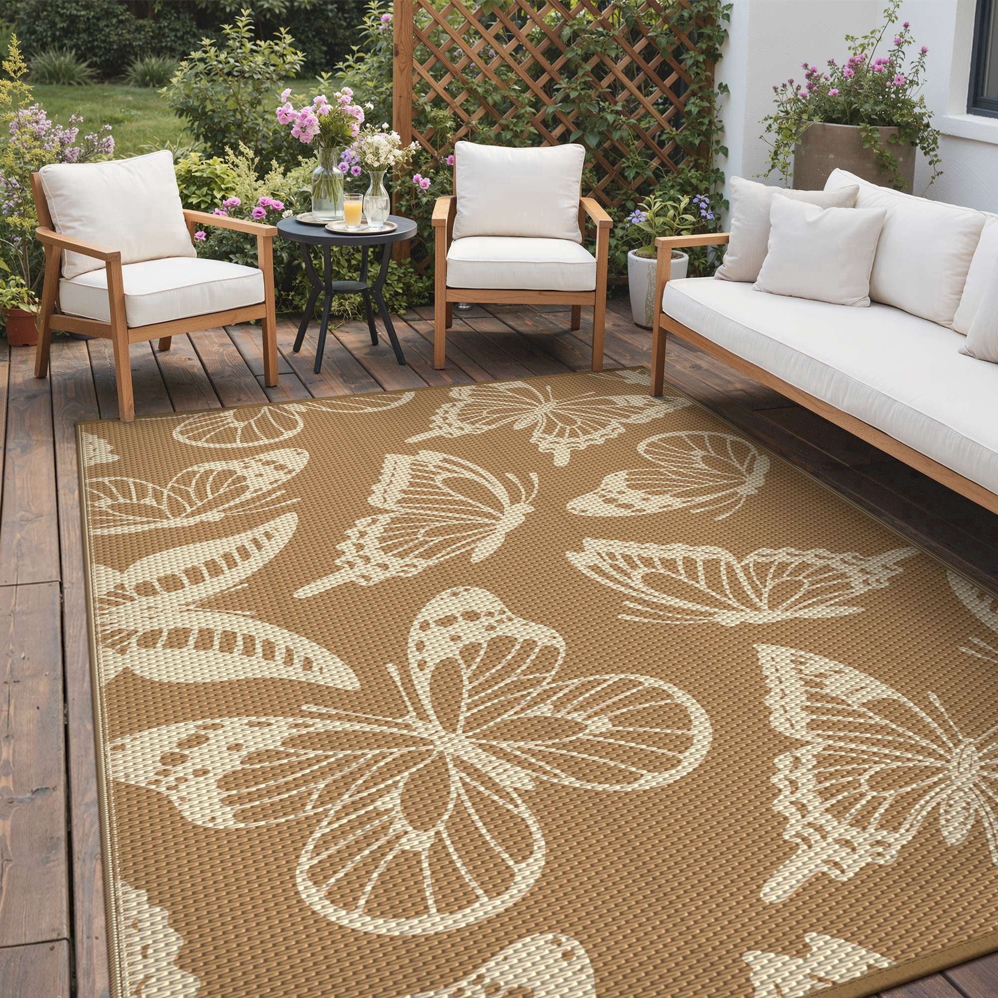 DEORAB 5'x8' Outdoor Rugs Waterproof Patio Reversible Plastic Straw Carpet Camping Outside Mat For Garden Balcony Camping Porch, Brown & Beige