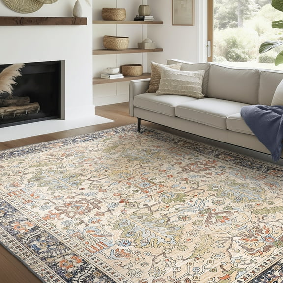 DEORAB 5X7 Area Rugs for Living Room, Machine Washable Bedroom Rugs Distressed Vintage Print Large Throw Rug Dining Room Aesthetic, Non Slip Carpet with Gripper, Ultra-Thin