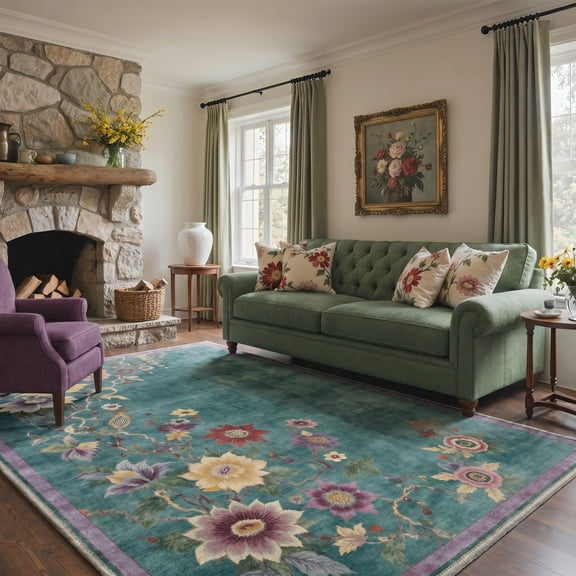 DEORAB 5x7 Area Rugs Floral Forest Low Pile Lightweight Washable Non Slip Rug for Living Room, Bedroom