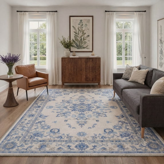 DEORAB 5x7 Area Rugs Floral Medallion Print Pattern Modern Farmhouse Dusty Blue Low Pile Lightweight Machine Washable Non Slip Rug for Living Room, Bedroom