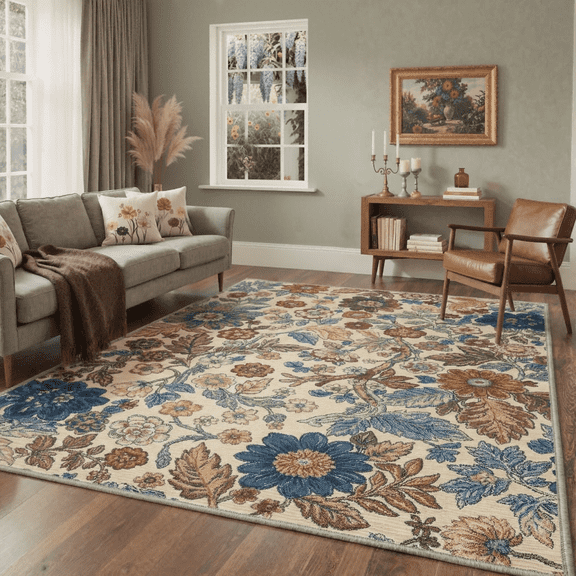 DEORAB 5x7 Area Rugs Floral Navy Beige Print Pattern Low Pile Lightweight Washable Non Slip Rug for Living Room, Bedroom