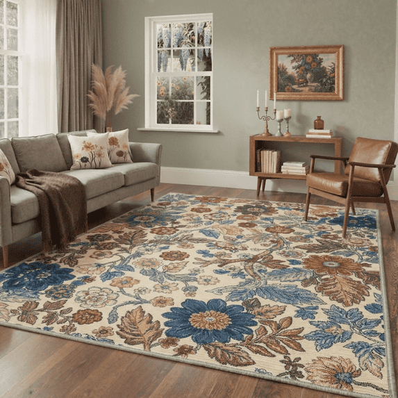DEORAB 5x7 Area Rugs Floral Navy Beige Print Pattern Low Pile Lightweight Washable Non Slip Rug for Living Room, Bedroom