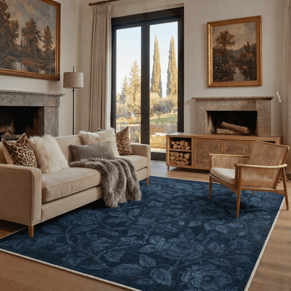 DEORAB 5x7 Area Rugs Floral Print Pattern Low Pile Lightweight Machine Washable Non Slip for Living Room, Bedroom, Home Decor, Blue