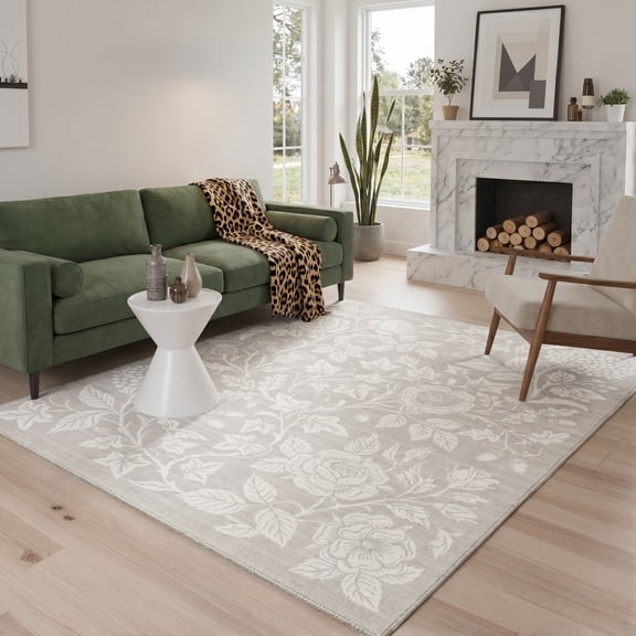 DEORAB 5x7 Area Rugs Floral Print Pattern Low Pile Lightweight Machine Washable Non Slip for Living Room, Bedroom, Home Decor,White