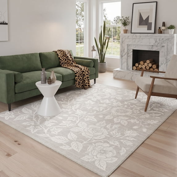 DEORAB 5x7 Area Rugs Floral Print Pattern Low Pile Lightweight Machine Washable Non Slip for Living Room, Bedroom, Home Decor,White