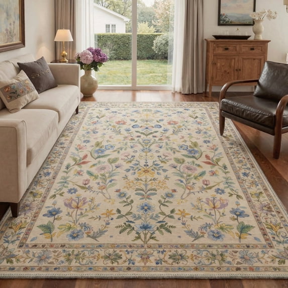 DEORAB 5x7 Area Rugs Floral Vines Dusty Beige Low Pile Lightweight Machine Washable Non Slip Rug for Living Room, Bedroom