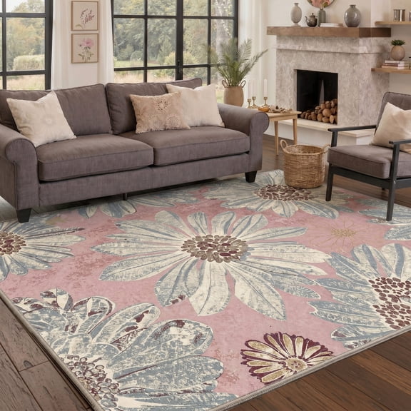 DEORAB 5x7 Area Rugs for Living Room, Vintage Daisies Print Pattern, Low Pile Soft Machine Washable Rugs, Non Slip, Rug for Bedroom, Lightweight Indoor for Farmhouse Decor