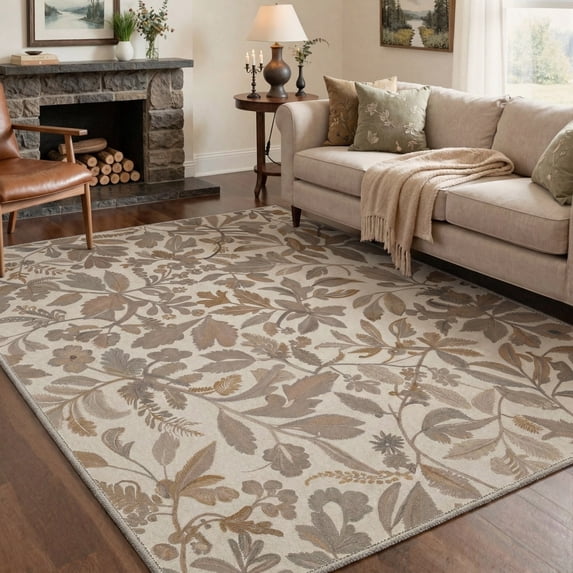 DEORAB 5x7 Area Rugs Wild Foliage Dusty Taupe Modern Farmhouse Low Pile Machine Washable Non Slip Indoor Rug for Living Room, Bedroom