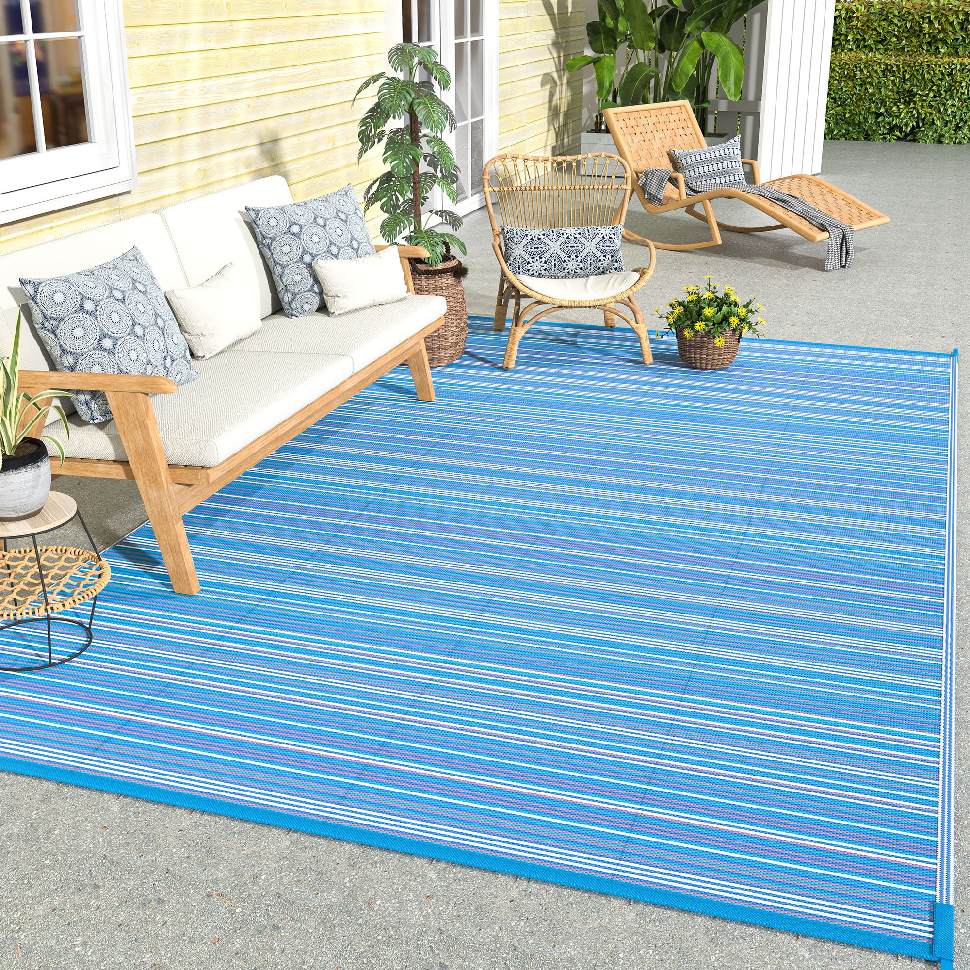 DEORAB 5x8 Outdoor Rug Waterproof, Reversible Mats, Outdoor Area Rug,  Plastic Outside Carpet, Geometric Rv Mat for Patio,Camping,Multi Blue